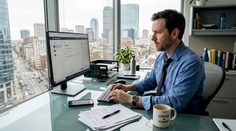 Manager sending LinkedIn message in bright office