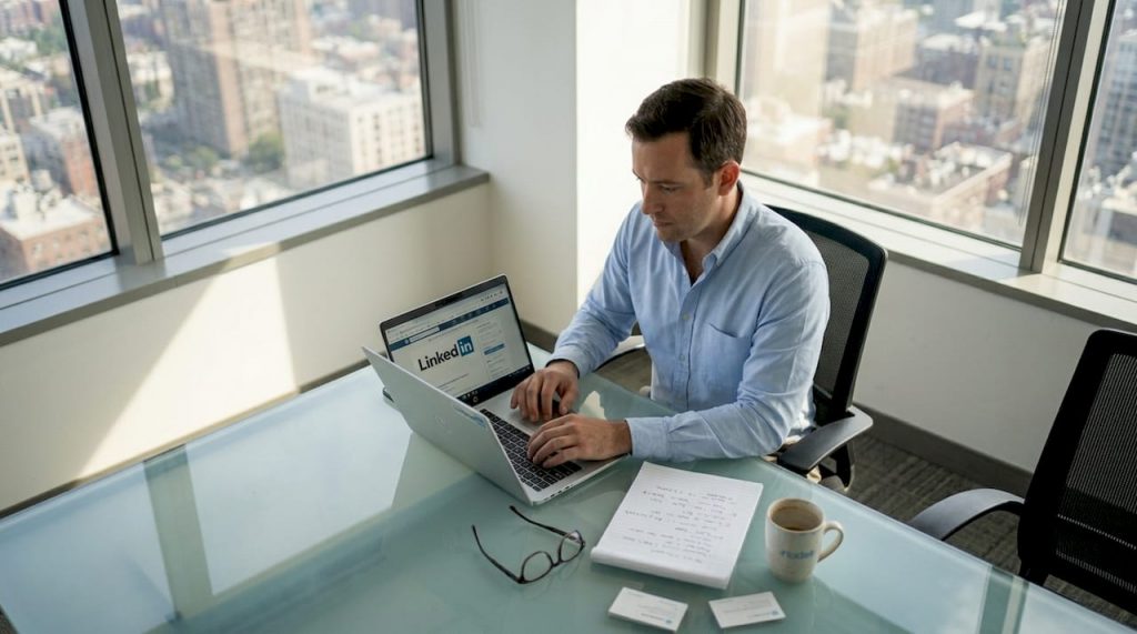 Marketing director crafting LinkedIn message in office