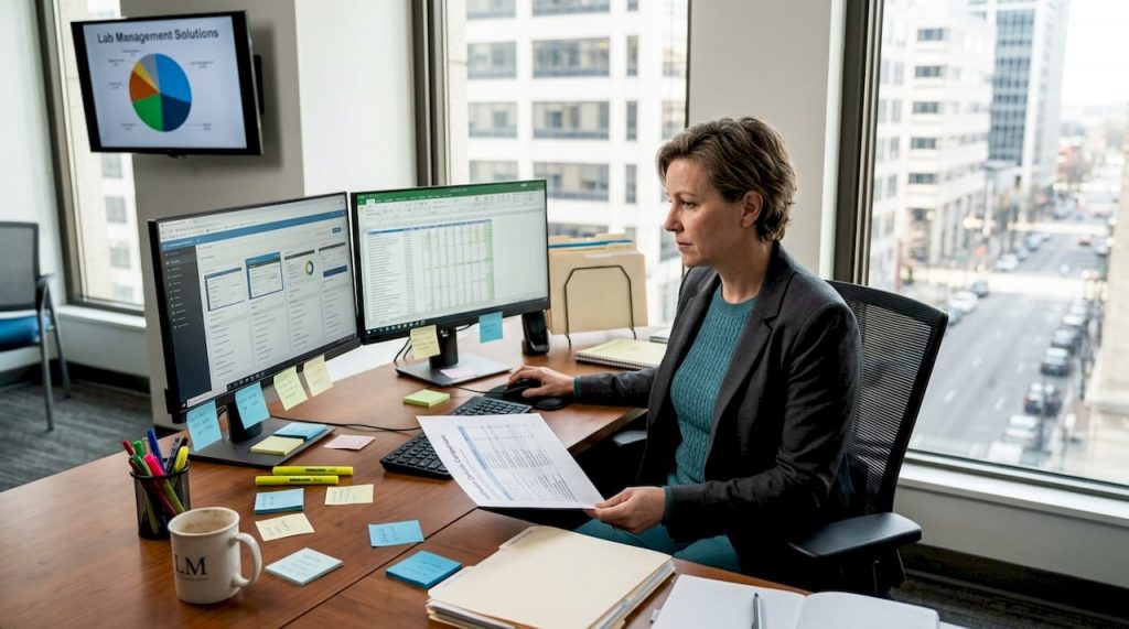 Lab manager reviewing software options in office