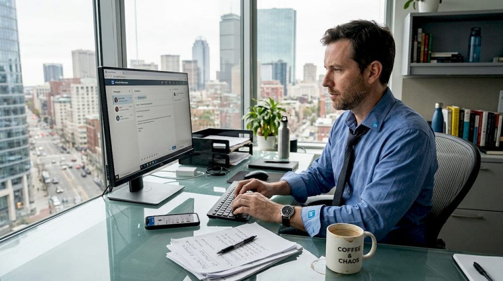 Manager sending LinkedIn message in bright office