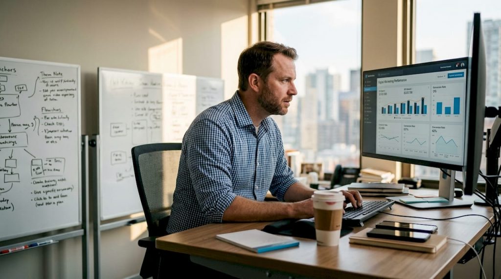 Manager reviewing outreach metrics in office