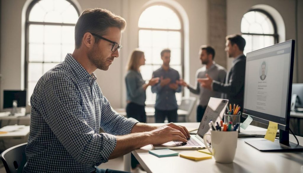 Professional sending LinkedIn messages in busy office