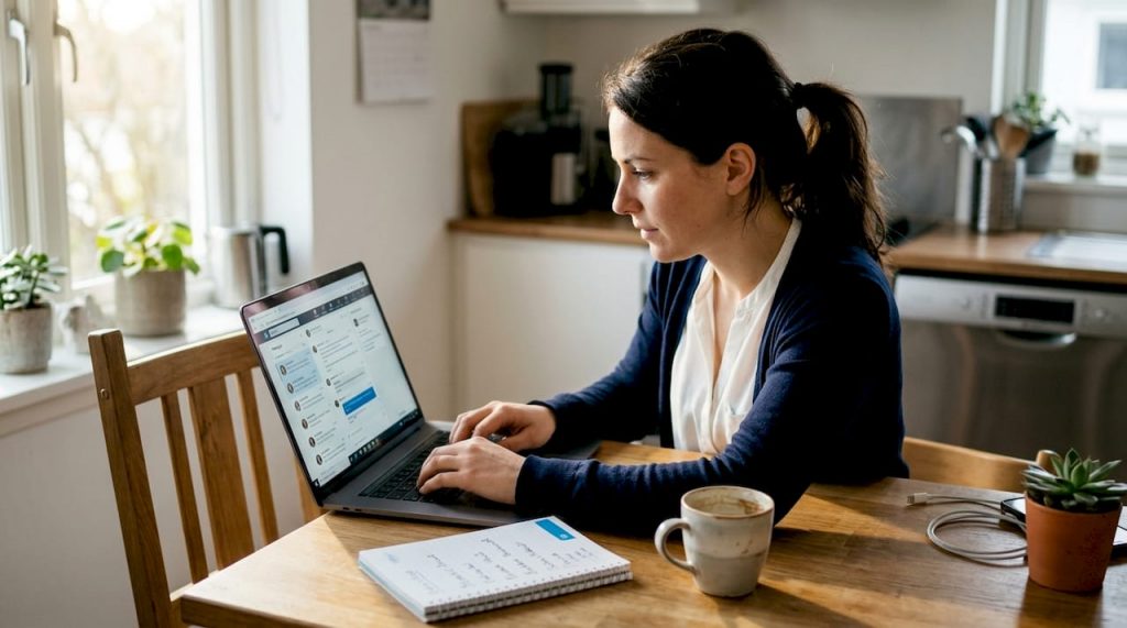 Professional woman sending LinkedIn messages in kitchen