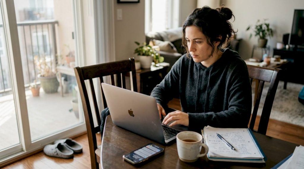Woman doing LinkedIn prospecting at home office