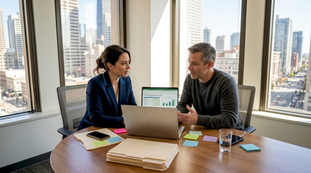 Colleagues reviewing outreach reports together in office