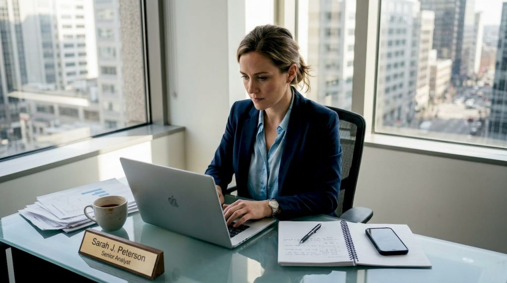 Professional woman writing LinkedIn message at desk