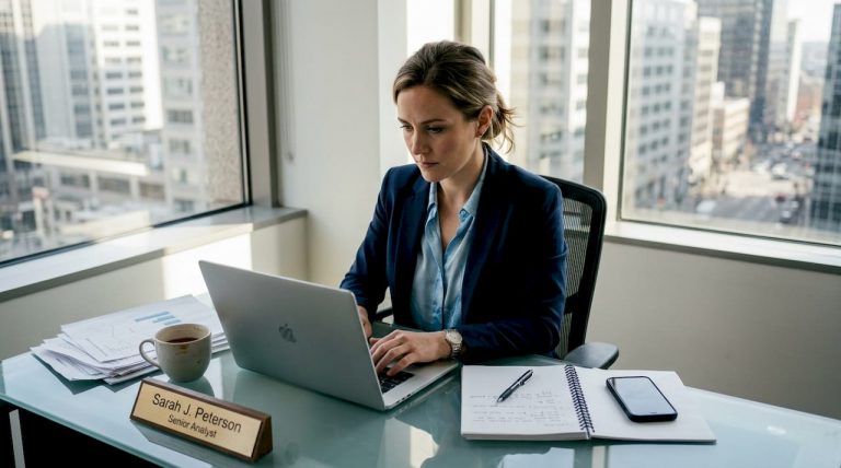 Professional woman writing LinkedIn message at desk