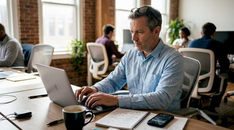 Manager drafting LinkedIn message at coworking desk