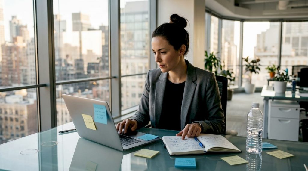 Professional composing LinkedIn message at office desk