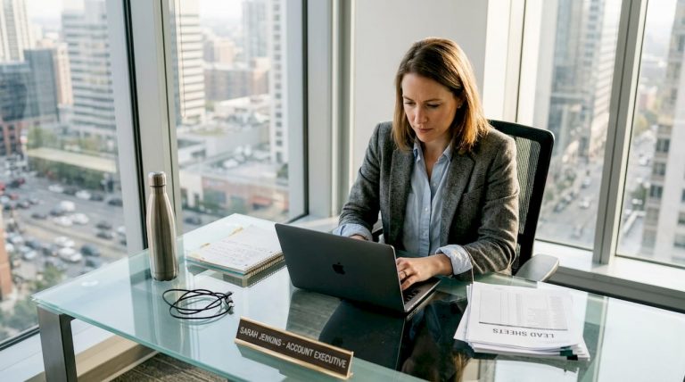 Businesswoman prospecting at desk with laptop