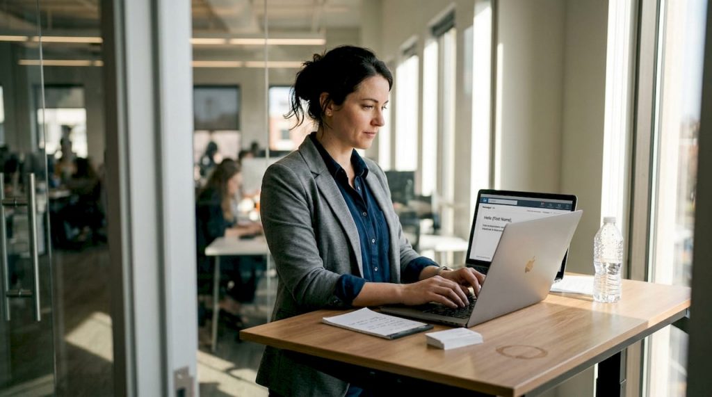 Professional drafting LinkedIn message at office desk