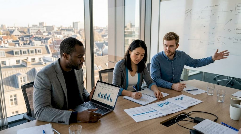 Team reviewing business alternatives in conference room