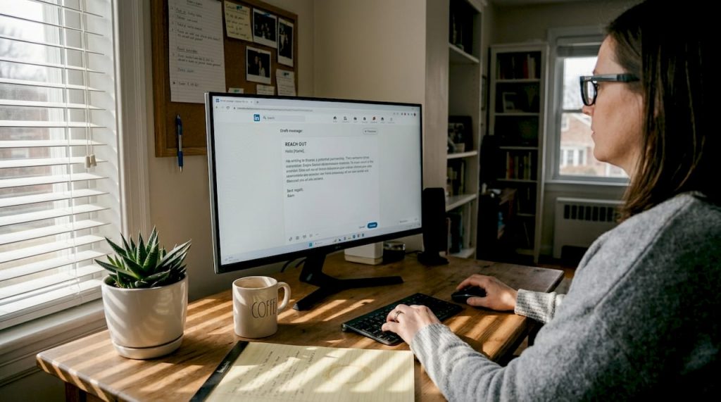 Professional drafting LinkedIn message in home office