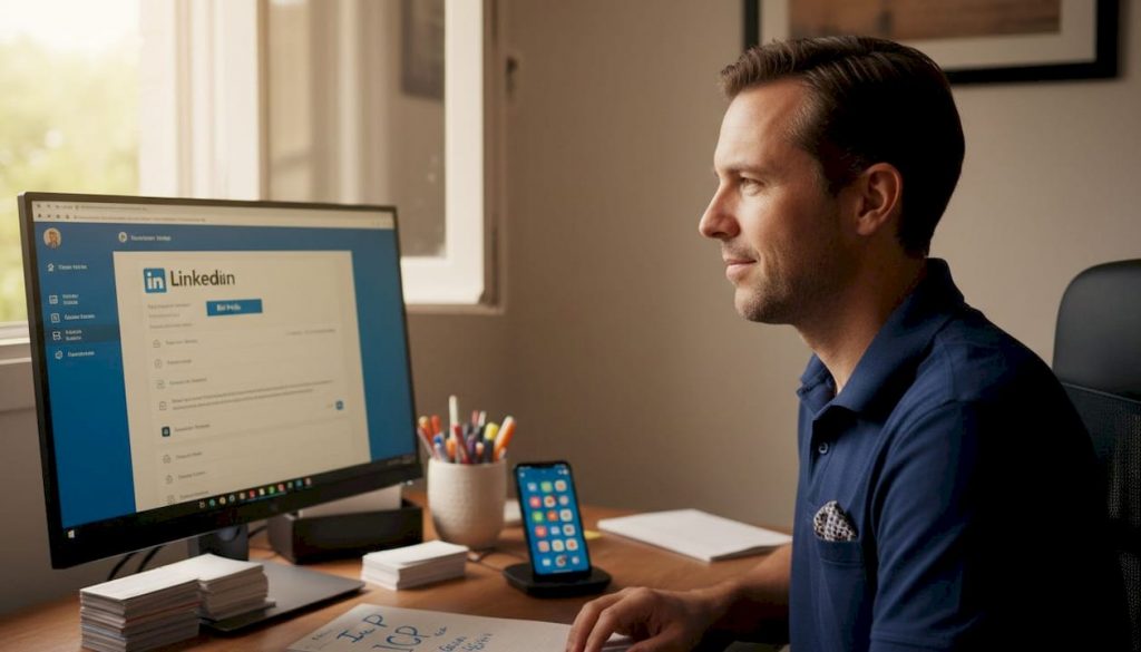 Professional updating LinkedIn profile in home office
