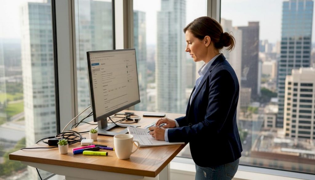 Professional updating LinkedIn profile in corner office
