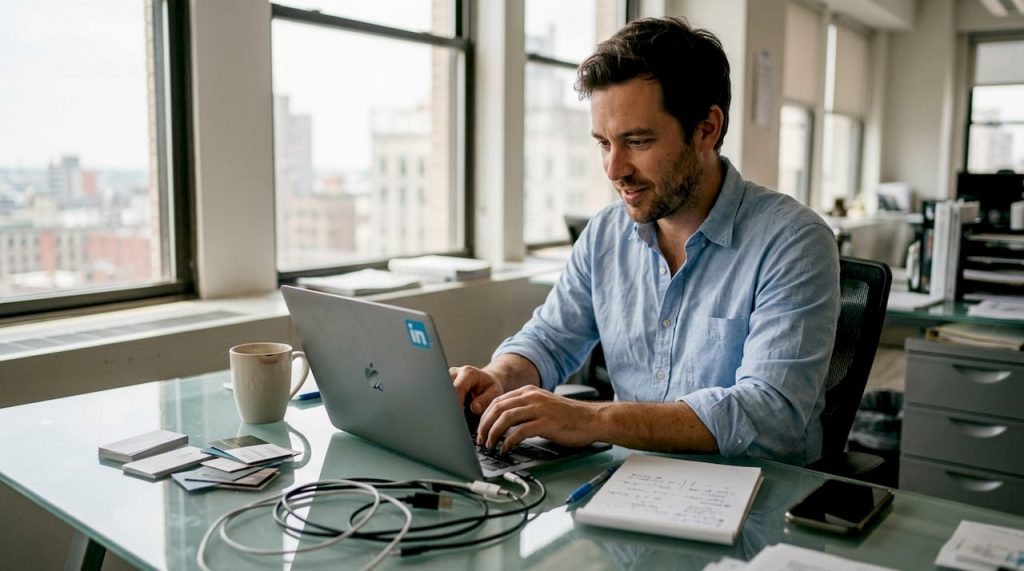 Professional drafting tailored message at office desk