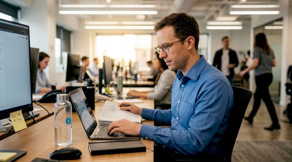 Professional writing LinkedIn message at tidy office desk