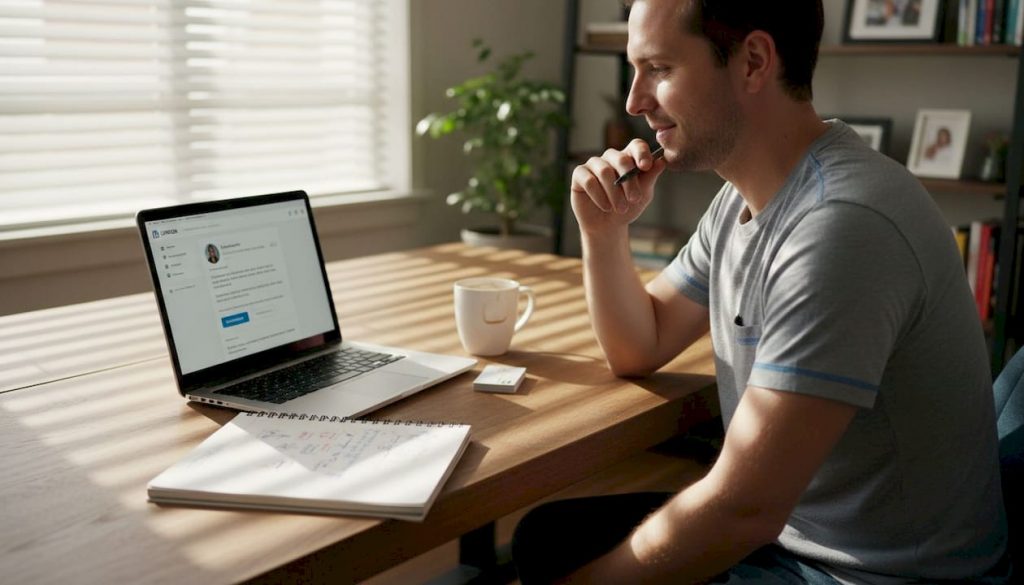 Man composing LinkedIn message at home desk