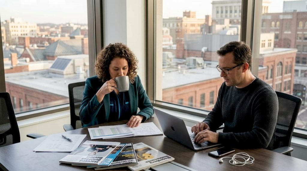 Colleagues reviewing client profiles in office
