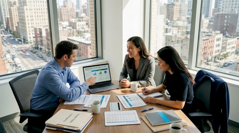 Business team reviewing software alternatives in office