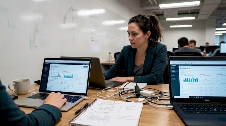 Professional comparing lab management software at office desk