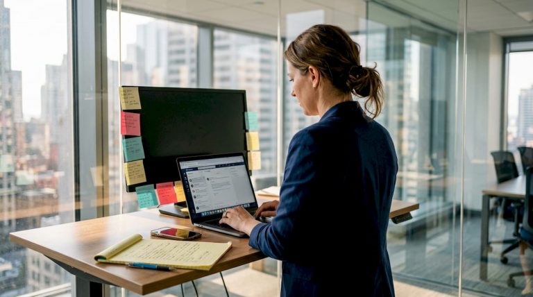 Businesswoman creating LinkedIn outreach message at desk