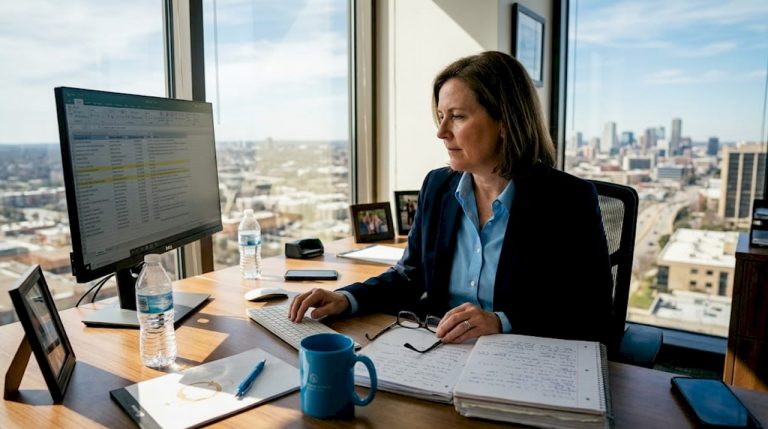 Consultant reviews prospect list in office