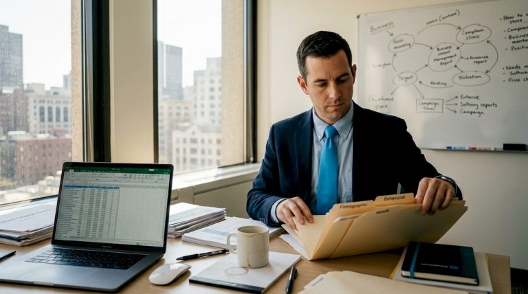 Consultant sorting segmentation folders at desk