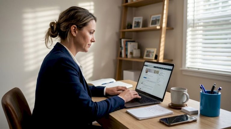 Woman writing LinkedIn outreach at tidy home office desk