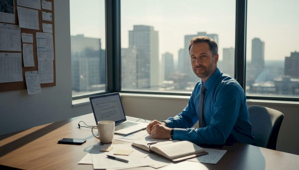 Manager writing prospecting emails in corner office