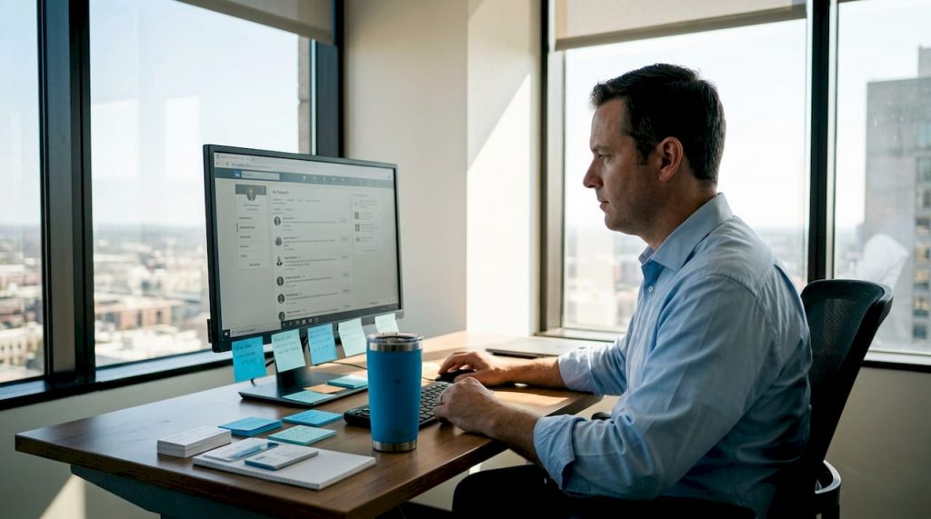 Sales manager reviewing LinkedIn leads at desk