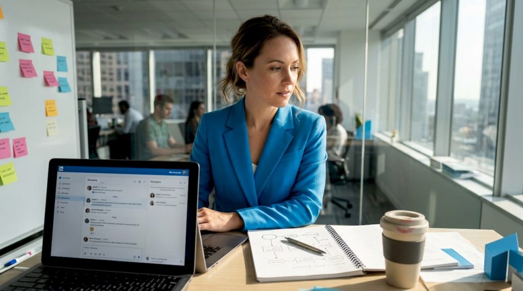Businesswoman managing LinkedIn outreach sequence