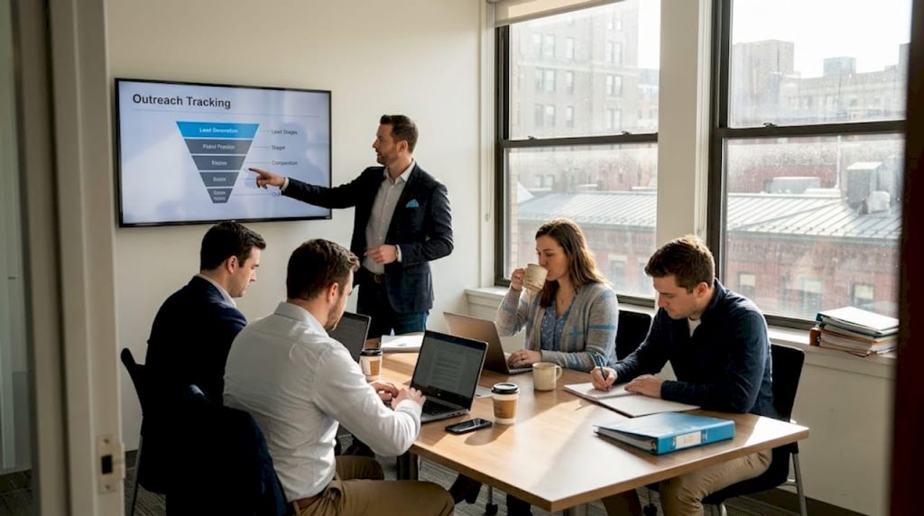 Sales team reviews outreach tracking dashboard
