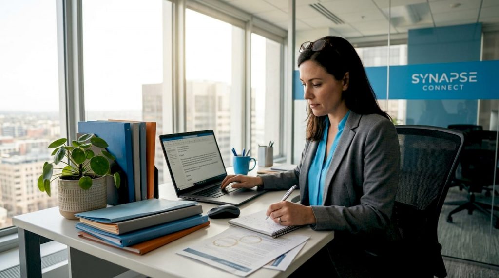 Marketing manager reviews lead magnet at desk