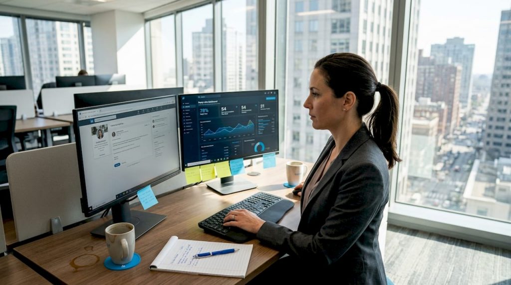 Professional drafting LinkedIn outreach at office desk