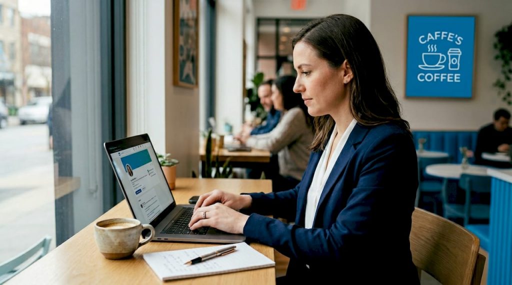 Professional working at laptop on LinkedIn outreach