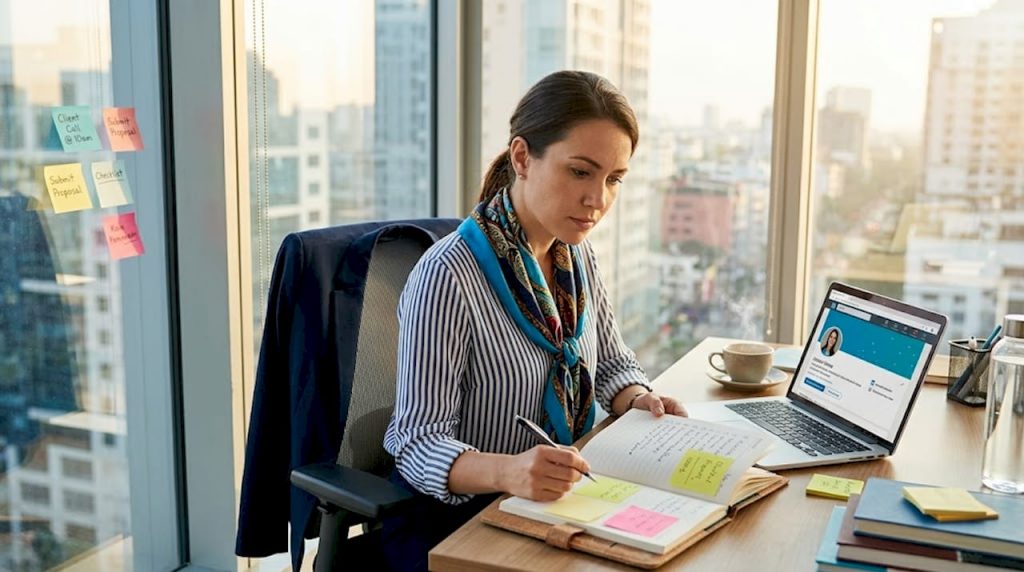 Professional reviewing LinkedIn workflow checklist