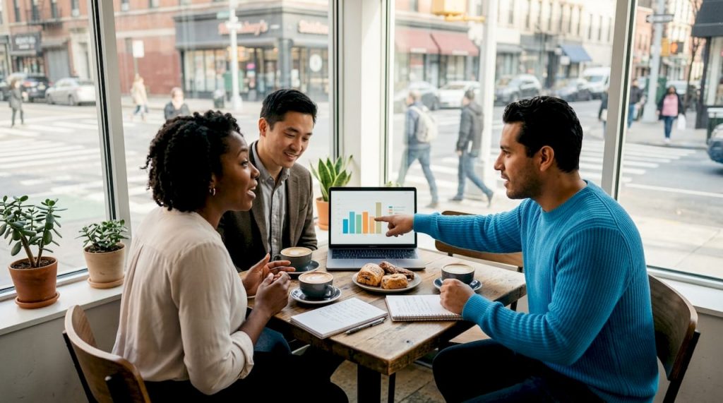 Business team reviewing software alternatives together