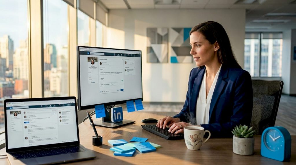 Businesswoman composing LinkedIn outreach message