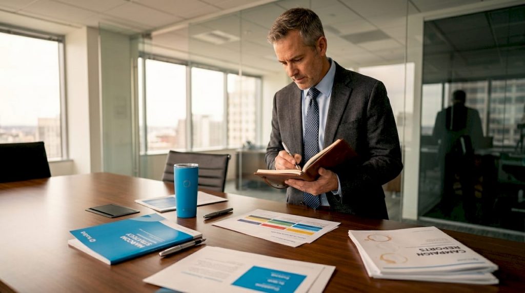 Executive reviews personalized content printouts