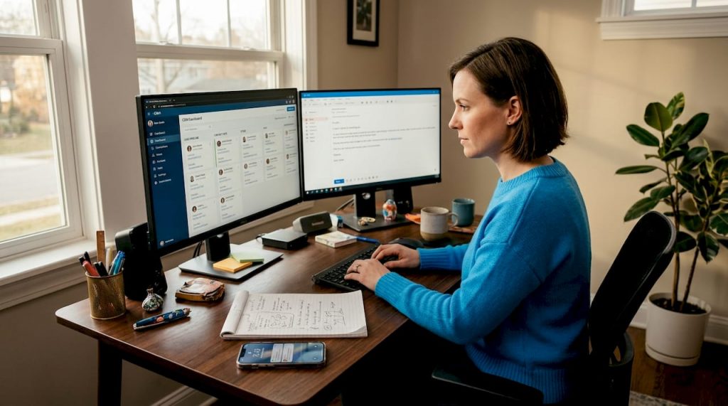 Professional managing lead response at open-plan desk