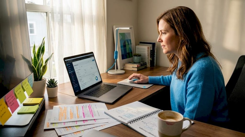 Manager reviewing marketing automation dashboard in office
