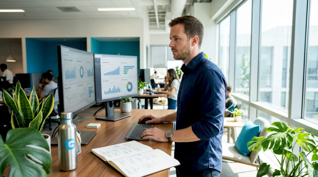 Marketer working with campaign data in office