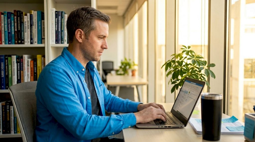 Manager sending B2B outreach email at desk