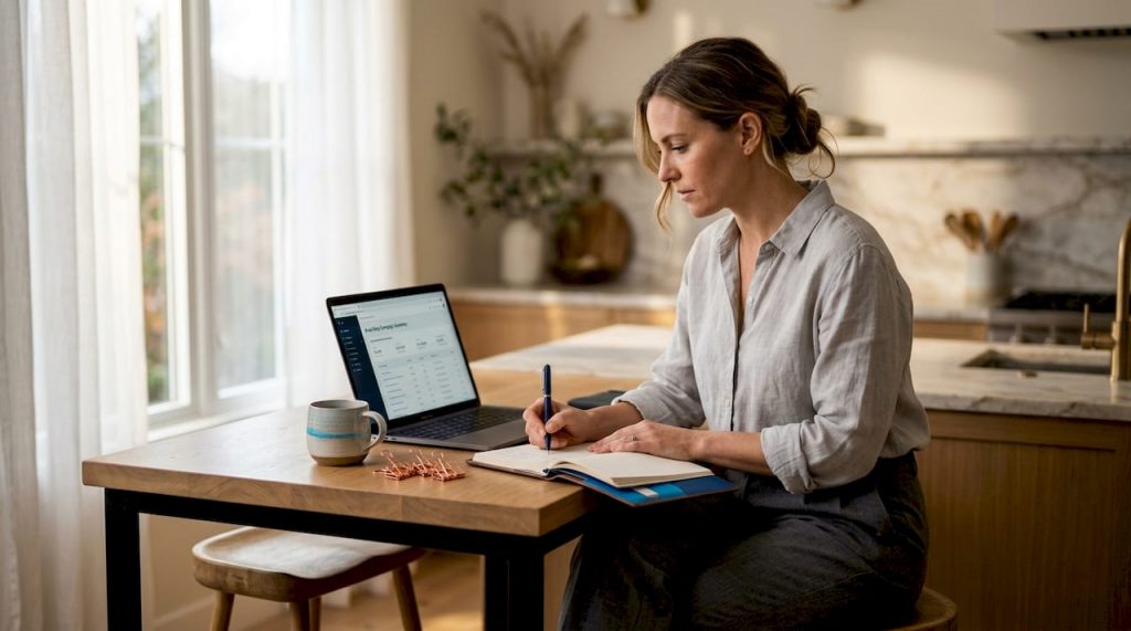Businesswoman reviewing drip campaign results at home office table