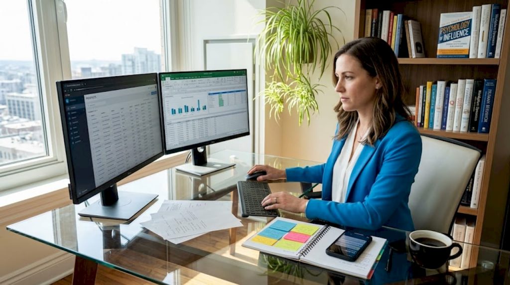 Woman at desk researching lead agencies