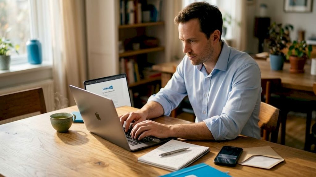 Professional starting LinkedIn account at kitchen table