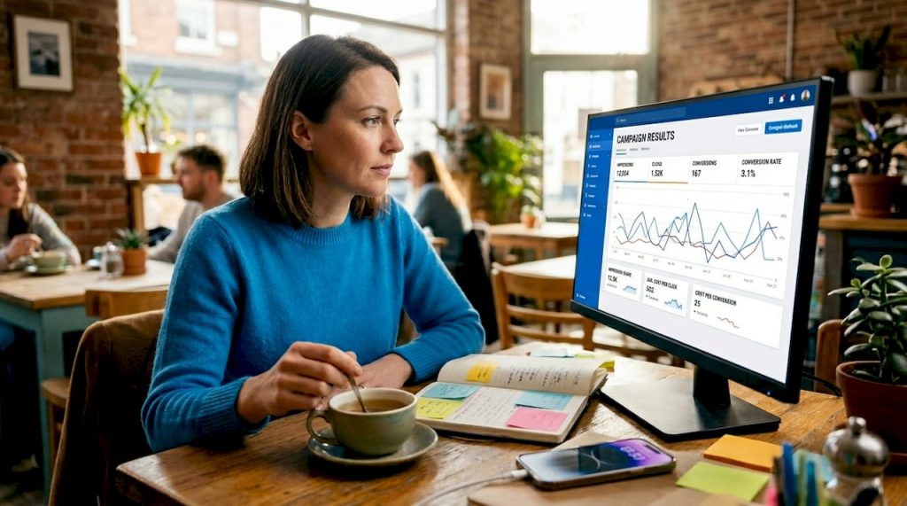 Marketer reviewing campaign analytics at office desk
