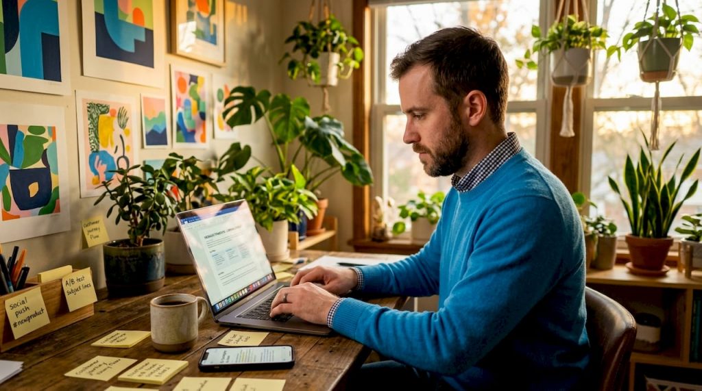 Marketer working on message copywriting at home