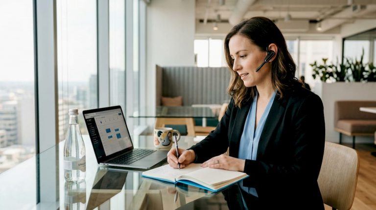 Businesswoman scheduling B2B appointment at desk